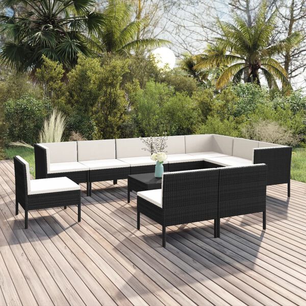 vidaXL 11 Piece Garden Lounge Set with Cushions Poly Rattan Black