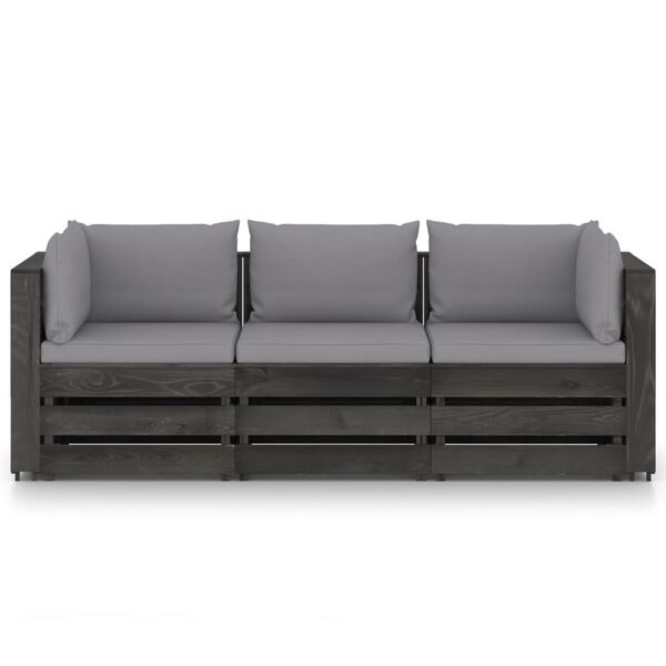vidaXL 3-Seater Garden Sofa with Cushions Grey Impregnated Wood