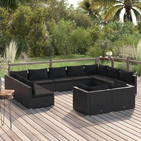 vidaXL 11 Piece Garden Lounge Set with Cushions Black Poly Rattan
