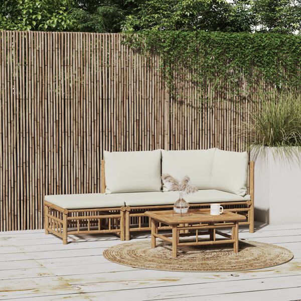 vidaXL 3 Piece Garden Lounge Set with Cream White Cushions Bamboo