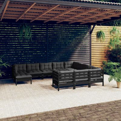 vidaXL 11 Piece Garden Lounge Set with Cushions Black Pinewood