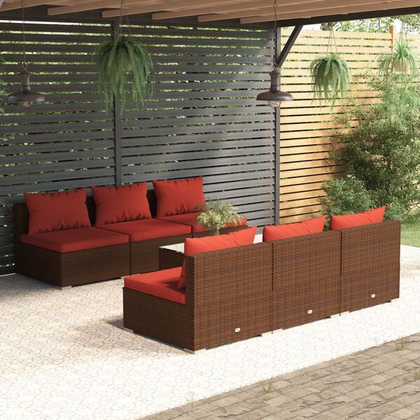vidaXL 7 Piece Garden Lounge Set with Cushions Poly Rattan Brown