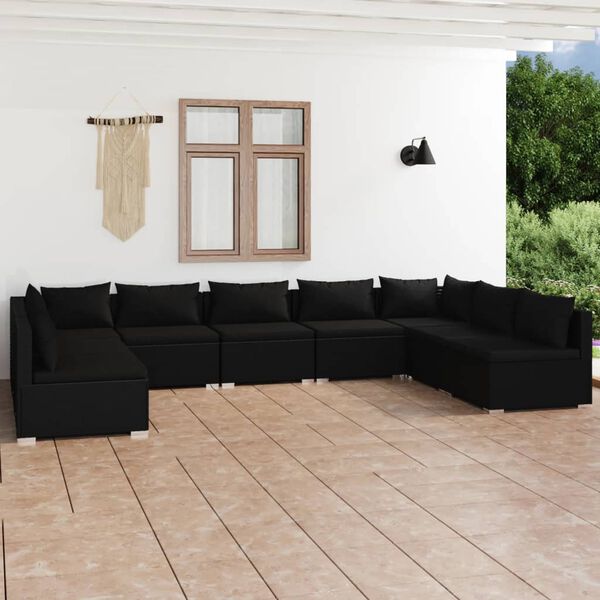 vidaXL 9 Piece Garden Lounge Set with Cushions Poly Rattan Black