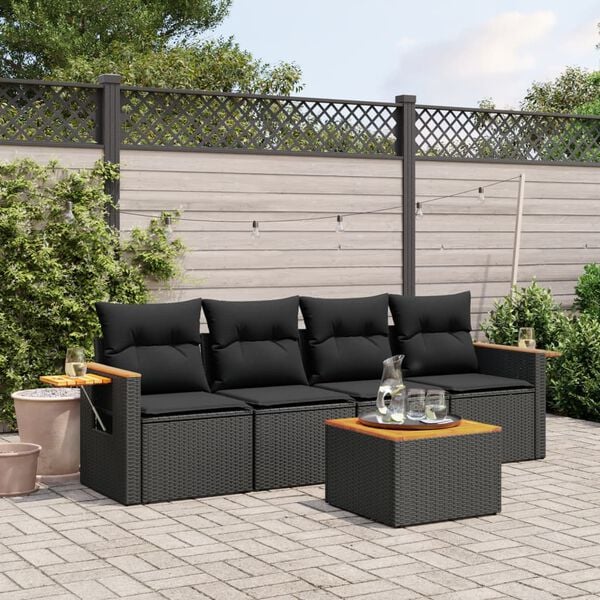 vidaXL 5 Piece Garden Sofa Set with Cushions Black Poly Rattan