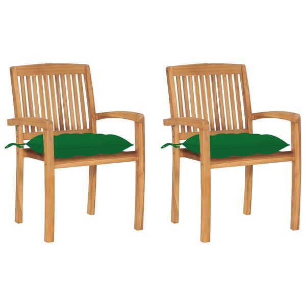 vidaXL Garden Chairs 2 pcs with Green Cushions Solid Teak Wood