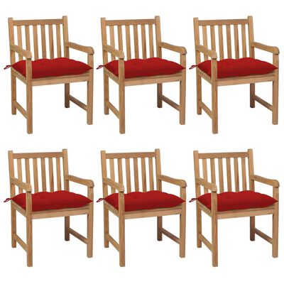 vidaXL Garden Chairs 6 pcs with Red Cushions Solid Teak Wood