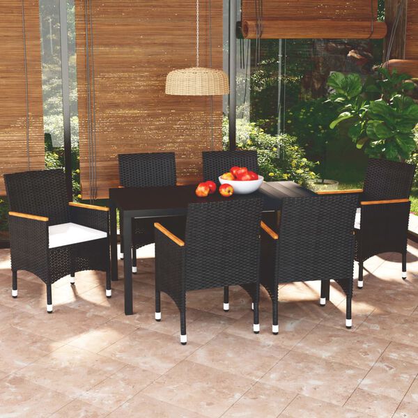 vidaXL 7 Piece Garden Dining Set with Cushions Poly Rattan Black