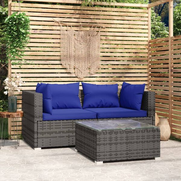 vidaXL 3 Piece Garden Lounge Set with Cushions Grey Poly Rattan