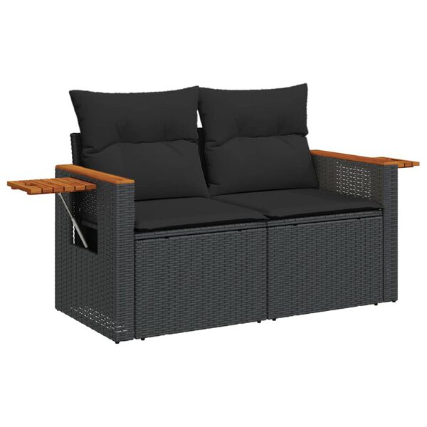 vidaXL Garden Sofa with Cushions 2-Seater Black Poly Rattan