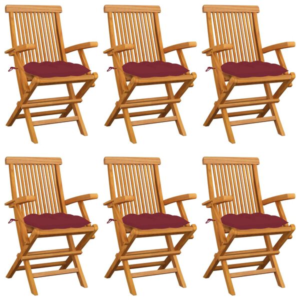 vidaXL Garden Chairs with Wine Red Cushions 6 pcs Solid Teak Wood