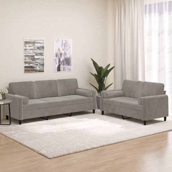 vidaXL 2 Piece Sofa Set with Throw Pillows&Cushions Light Grey Velvet