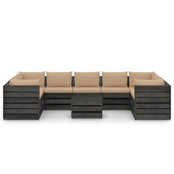 vidaXL 10 Piece Garden Lounge Set with Cushions Grey Impregnated Wood