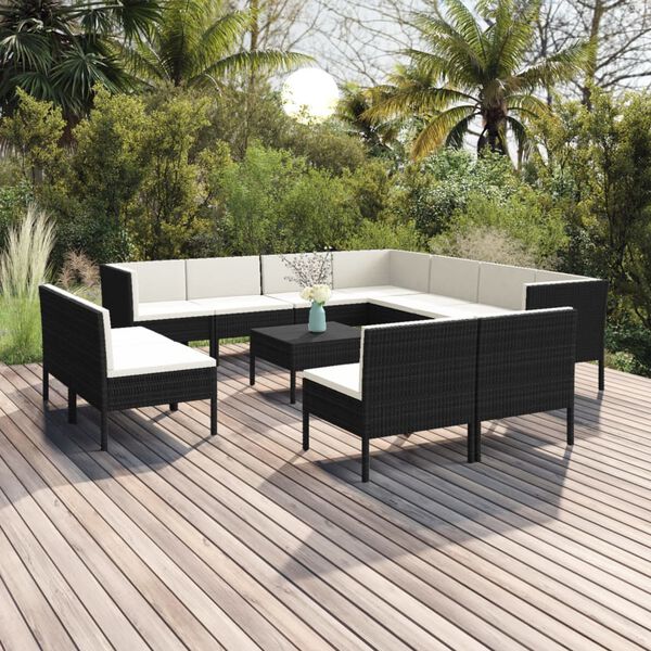 vidaXL 12 Piece Garden Lounge Set with Cushions Poly Rattan Black