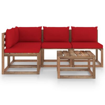 vidaXL 5 Piece Garden Lounge Set with Red Cushions
