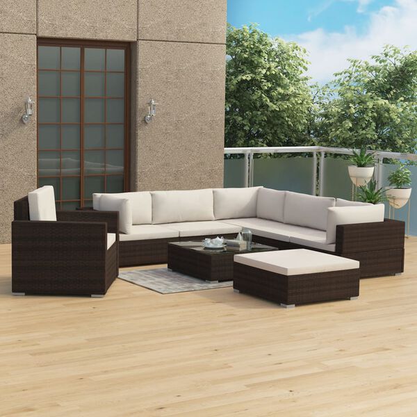 vidaXL 8 Piece Garden Lounge Set with Cushions Poly Rattan Brown