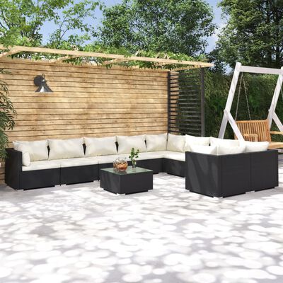 vidaXL 10 Piece Garden Lounge Set with Cushions Poly Rattan Black