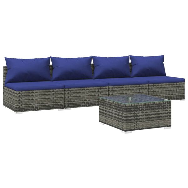 vidaXL 5 Piece Garden Lounge Set with Cushions Poly Rattan Grey