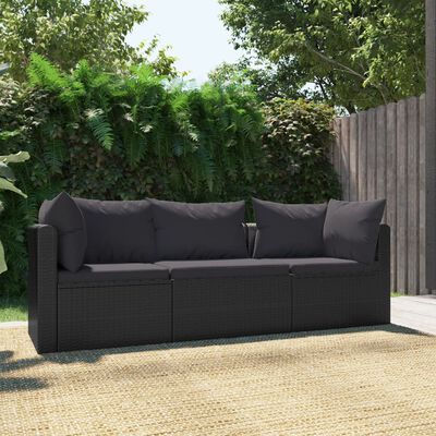 vidaXL 3 Piece Garden Sofa Set with Cushions Poly Rattan Black