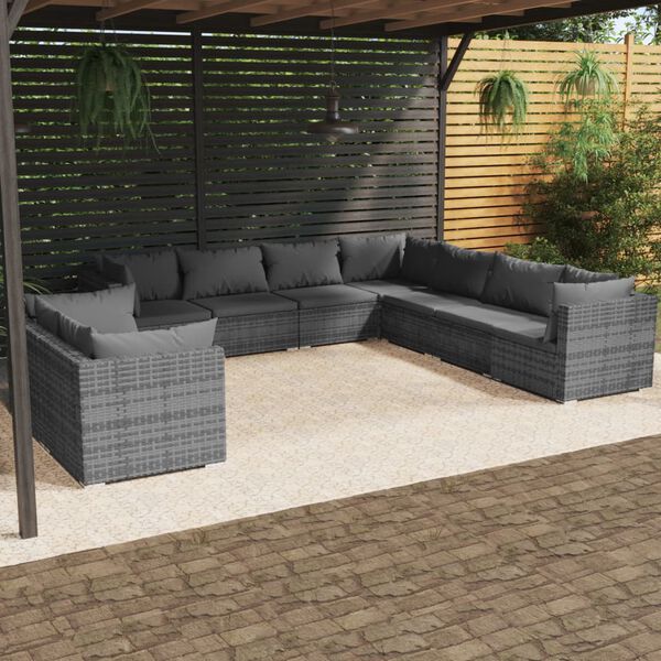 vidaXL 9 Piece Garden Lounge Set with Cushions Grey Poly Rattan