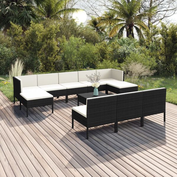 vidaXL 11 Piece Garden Lounge Set with Cushions Poly Rattan Black