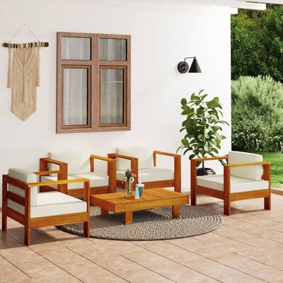 vidaXL 5 Piece Garden Lounge Set with Cream White Cushions Solid Wood