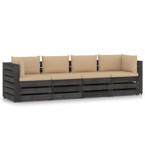 vidaXL 4-Seater Garden Sofa with Cushions Grey Impregnated Wood