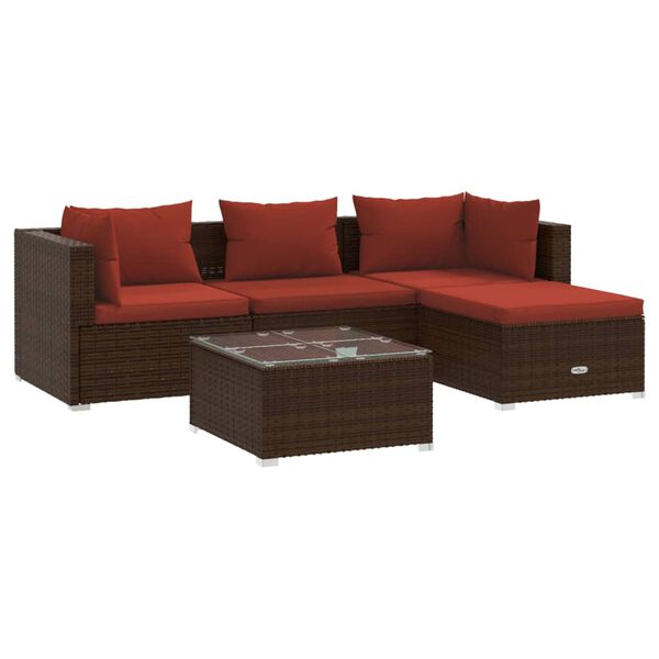 vidaXL 5 Piece Garden Lounge Set with Cushions Poly Rattan Brown