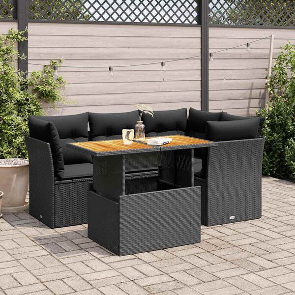 vidaXL 5 Piece Garden Sofa Set with Cushions Black Poly Rattan