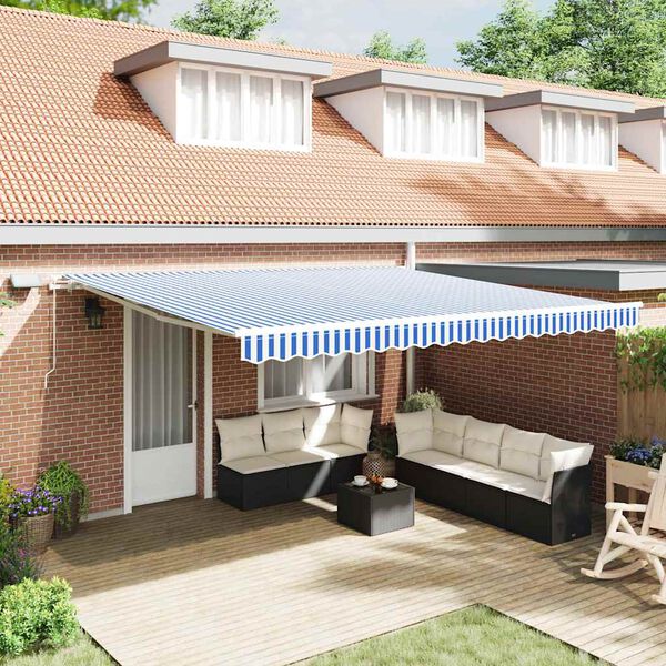 vidaXL Retractable Awning Manual Blue and White 500 x 300 cm