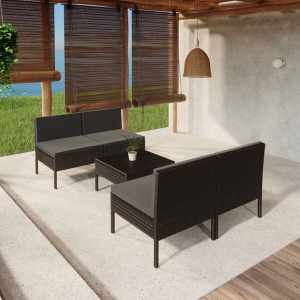 vidaXL 5 Piece Garden Lounge Set with Cushions Poly Rattan Black