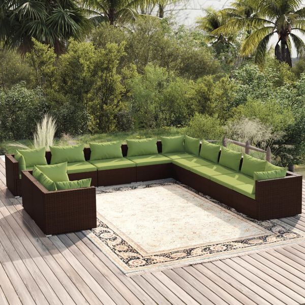 vidaXL 11 Piece Garden Lounge Set with Cushions Brown Poly Rattan