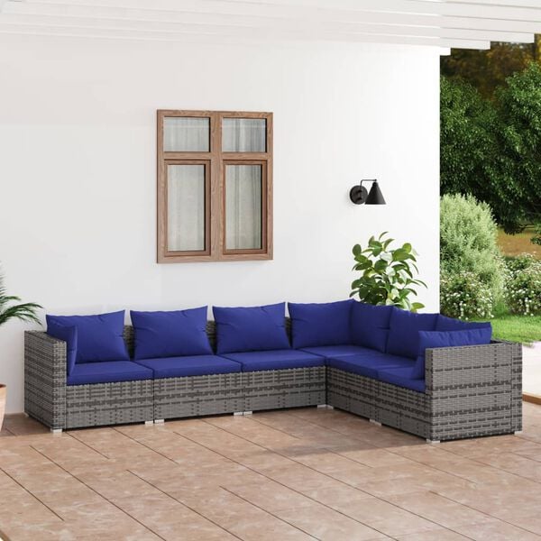 vidaXL 6 Piece Garden Lounge Set with Cushions Poly Rattan Grey