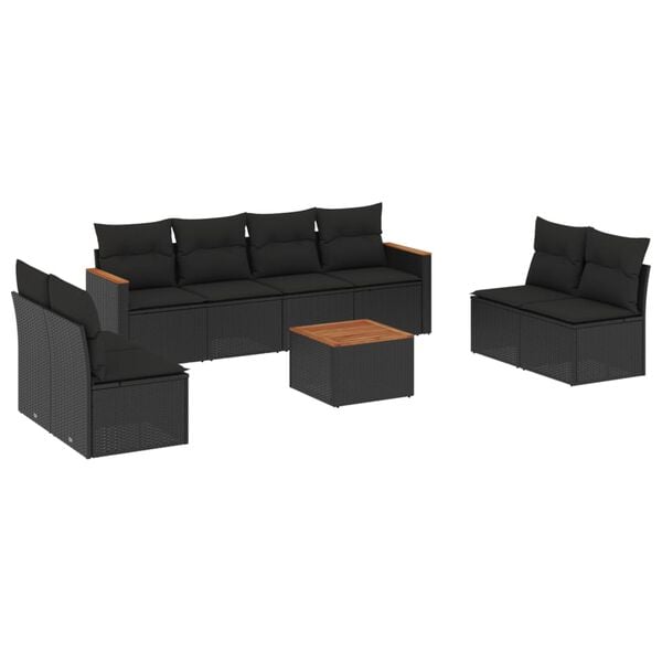 vidaXL 9 Piece Garden Sofa Set with Cushions Black Poly Rattan