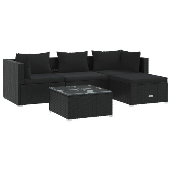 vidaXL 5 Piece Garden Lounge Set with Cushions Poly Rattan Black