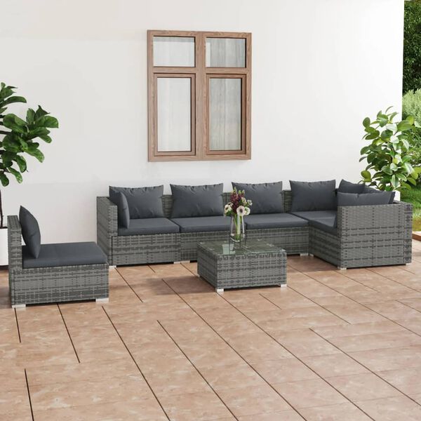 vidaXL 7 Piece Garden Lounge Set with Cushions Poly Rattan Grey