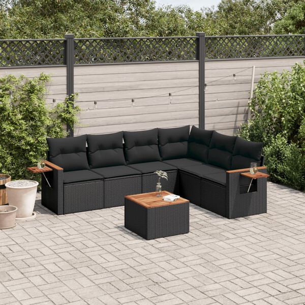 vidaXL 7 Piece Garden Sofa Set with Cushions Black Poly Rattan