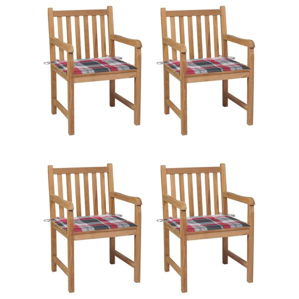 vidaXL Garden Chairs 4 pcs Red Check Pattern Cushions Solid Teak Wood
