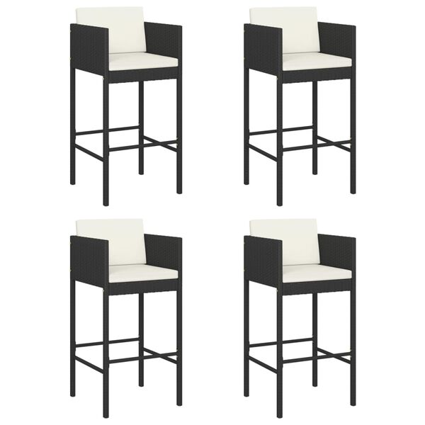 vidaXL Bar Stools 4 pcs with Cushions Black Poly Rattan