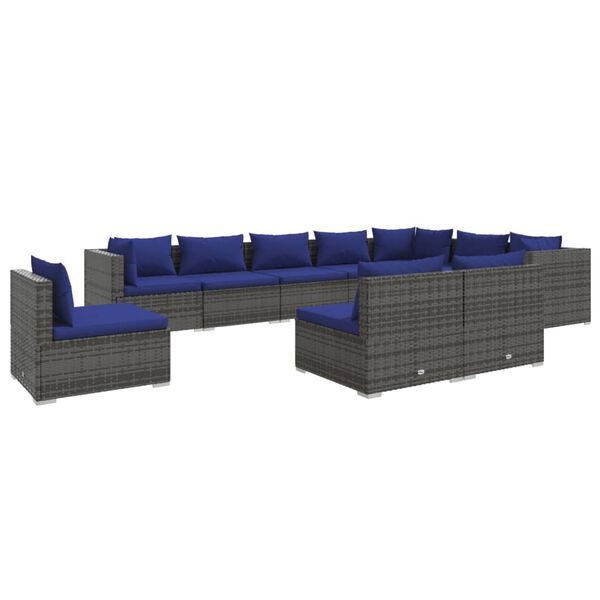 vidaXL 10 Piece Garden Lounge Set with Cushions Poly Rattan Grey