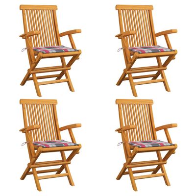 vidaXL Garden Chairs Red Check Pattern Cushions 4pcs Solid Teak Wood