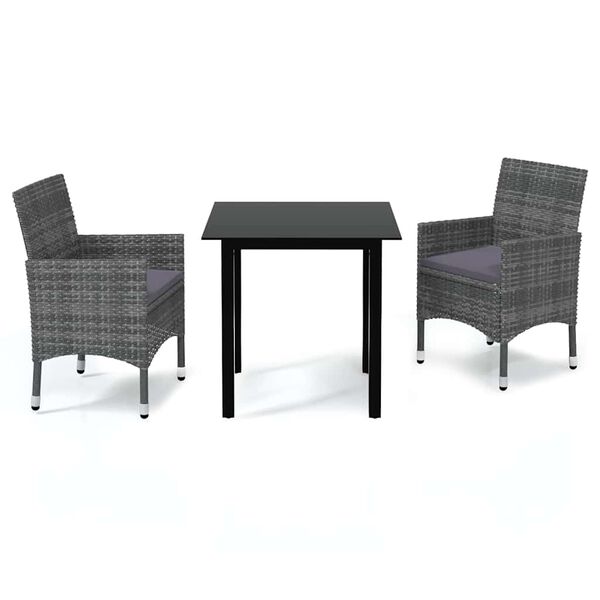 vidaXL 3 Piece Garden Dining Set with Cushions Poly Rattan Grey