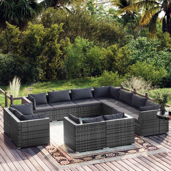 vidaXL 11 Piece Garden Lounge Set with Cushions Grey Poly Rattan