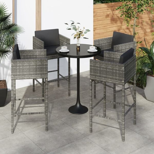 vidaXL Bar Stools 4 pcs with Cushions Grey Poly Rattan