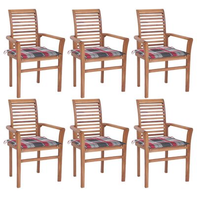 vidaXL Dining Chairs 6 pcs Red Check Pattern Cushions Solid Teak Wood
