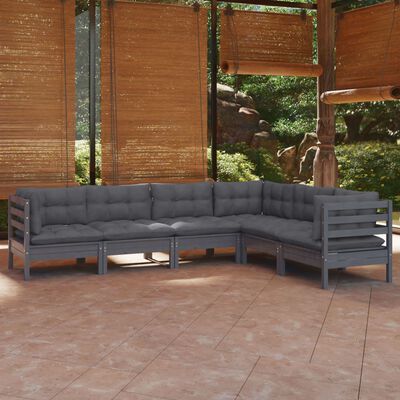vidaXL 6 Piece Garden Lounge Set with Cushions Grey Solid Pinewood