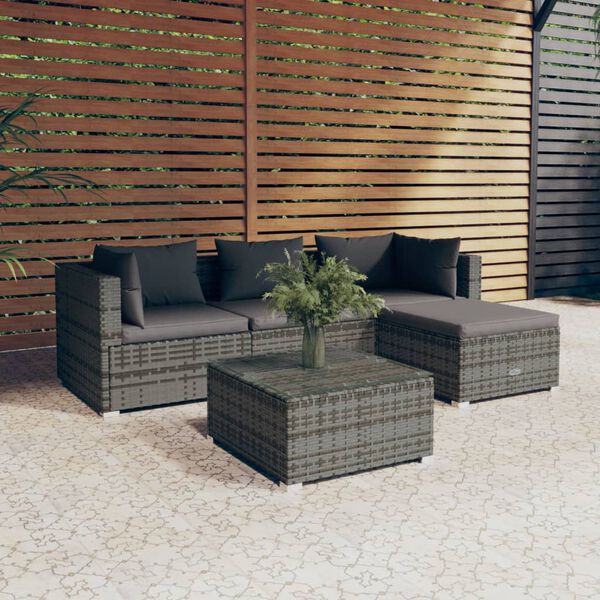 vidaXL 5 Piece Garden Lounge Set with Cushions Poly Rattan Grey