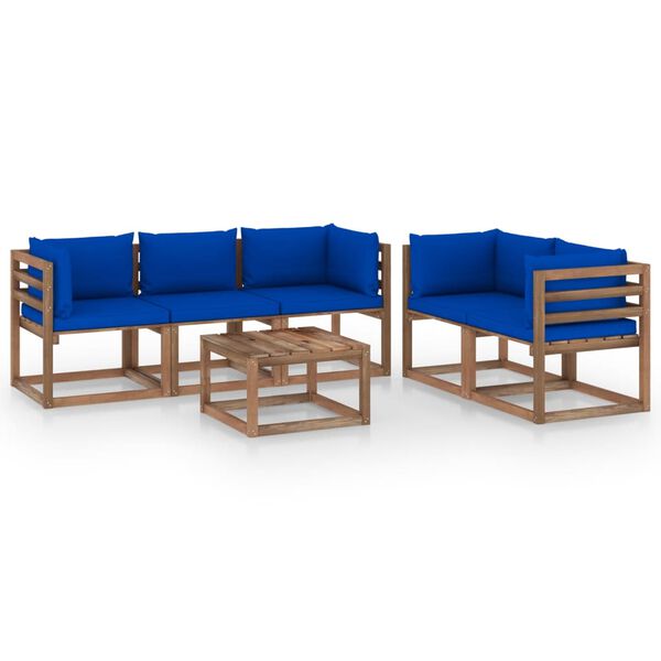 vidaXL 6 Piece Garden Lounge Set with Blue Cushions