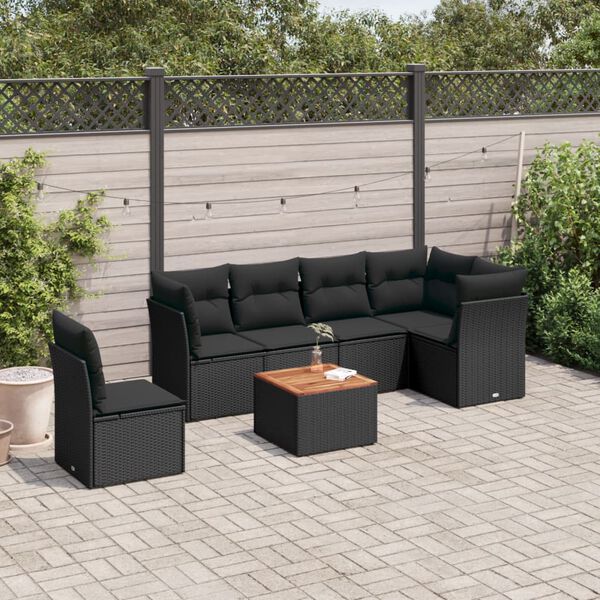 vidaXL 7 Piece Garden Sofa Set with Cushions Black Poly Rattan