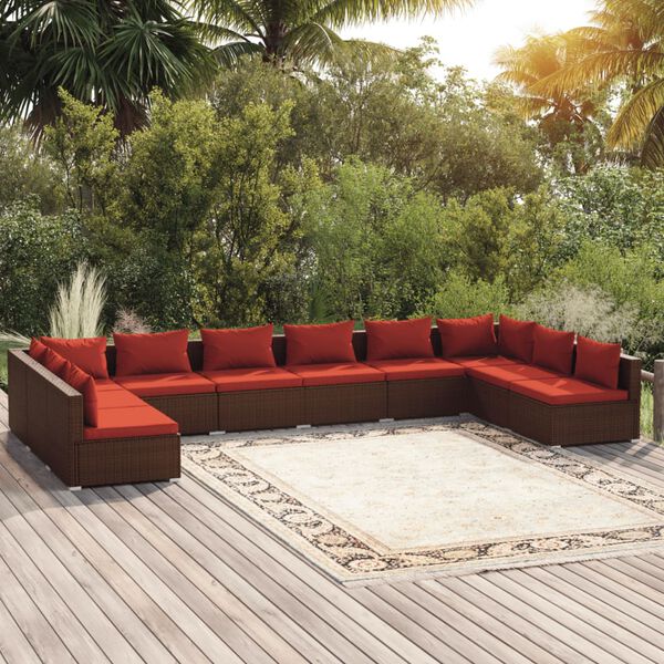 vidaXL 10 Piece Garden Lounge Set with Cushions Poly Rattan Brown