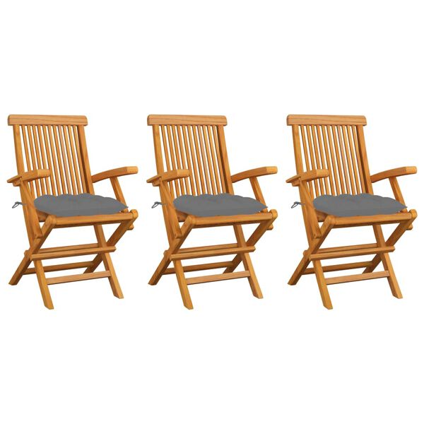vidaXL Garden Chairs with Grey Cushions 3 pcs Solid Teak Wood